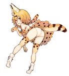  animal_ears arm_up ass bent_over boots brown_eyes brown_hair elbow_gloves from_behind gloves highres kemono_friends looking_back miyajo multicolored multicolored_clothes multicolored_legwear open_mouth panties paw_pose serval_(kemono_friends) serval_ears serval_print serval_tail shirt short_hair skirt sleeveless sleeveless_shirt smile solo tail thighhighs underwear white_panties white_shirt 