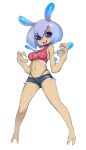  2018 absurd_res alien antennae blue_eyes breasts camel_toe clothed clothing fangs female hi_res humanoid looking_at_viewer navel not_furry shorts simple_background slugbox smile solo 