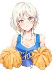  anastasia_(idolmaster) blue_eyes blue_shirt blush cheerleader collarbone cropped_torso deneb_(noble324) earrings eyebrows_visible_through_hair hair_between_eyes head_tilt idolmaster idolmaster_cinderella_girls jewelry looking_at_viewer pom_poms shirt signature silver_hair simple_background sketch sleeveless sleeveless_shirt solo upper_body white_background 