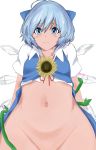  :3 blue_bow blue_dress blue_eyes blue_hair bow cirno closed_mouth dress eyebrows_visible_through_hair flower graphite_(medium) groin hair_between_eyes hair_bow highres hips ice ice_wings kuropan122 looking_at_viewer mechanical_pencil morning_glory navel no_panties out-of-frame_censoring pencil plant short_hair short_sleeves smile solo stomach sunflower tan tanned_cirno touhou traditional_media upper_body vines wings 