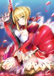  aestus_estus armored_boots bangs blonde_hair blue_sky blush boots braid breast_press breasts cleavage closed_mouth commentary_request dress eyebrows_visible_through_hair fate/extra fate_(series) green_eyes hair_bun head_tilt holding holding_sword holding_weapon juliet_sleeves large_breasts long_sleeves looking_at_viewer metal_boots nero_claudius_(fate) nero_claudius_(fate)_(all) outdoors petals puffy_sleeves qian_wu_atai red_dress see-through sky smile solo sword weapon wide_sleeves 