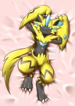  2018 7nulls ambiguous_gender anthro bed black_fur blue_eyes blue_fur claws fangs feline fur looking_at_viewer lying lying_on_bed mammal nintendo on_back pawpads pok&eacute;mon pok&eacute;mon_(species) smile solo video_games yellow_fur zeraora 