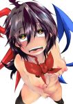  asymmetrical_wings black_hair black_legwear blush bow bowtie breasts cowboy_shot eyebrows_visible_through_hair highres houjuu_nue masturbation nude open_mouth red_eyes red_neckwear saliva self_fondle simple_background solo standing teinba thighhighs touhou white_background wings 