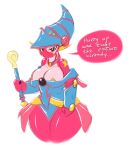  2016 anthro averyshadydolphin big_breasts blush breasts cleavage clothed clothing dark_magician_girl dialogue digital_media_(artwork) disprove dragon embarrassed female frown hat heartlandraco hi_res horn looking_at_viewer markings photo pink_skin red_eyes reptile scalie simple_background solo stupid_hat text thick_thighs voluptuous wand white_background wide_hips yu-gi-oh 