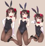  animal_ears armband black_footwear black_hair black_leotard bow bowtie brown_background brown_legwear bunny_ears bunny_tail bunnysuit commentary cowboy_shot detached_collar elbow_gloves expressions full_body gloves high_heels highres kurokawa_makoto leotard looking_at_viewer love_live! love_live!_school_idol_project multiple_views pantyhose red_eyes red_neckwear simple_background sitting strapless strapless_leotard tail twintails wariza white_gloves yazawa_nico 