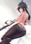  ass azur_lane bangs black_hair black_legwear bow bra breasts closed_mouth commentary_request eyebrows_visible_through_hair from_behind hair_bow highres jacket jacket_removed katana large_breasts long_hair looking_at_viewer looking_back lying no_shoes on_side panties panties_under_pantyhose pantyhose parfaitlate ponytail see-through sheath sheathed smile soles solo sword takao_(azur_lane) underwear very_long_hair weapon white_bow white_bra white_jacket white_panties yellow_eyes 