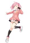  ;q ahoge azuuru bangs black_legwear blush cardigan closed_mouth commentary_request cross eyebrows_visible_through_hair full_body game_club_project green_eyes hand_up highres kneehighs knees_together_feet_apart looking_at_viewer official_art one_eye_closed pink_cardigan pink_hair play_button power_symbol sakuragi_miria school_uniform shoes simple_background smile sneakers solo standing standing_on_one_leg thigh_strap tongue tongue_out turtleneck twintails v virtual_youtuber white_background white_footwear youtube 