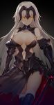  absurdres armor armored_dress bangs black_dress breasts commentary dress fate/grand_order fate_(series) faulds fur_trim headpiece highres holding holding_sword holding_weapon horz jeanne_d'arc_(alter)_(fate) jeanne_d'arc_(fate)_(all) large_breasts long_hair looking_at_viewer parted_lips silver_hair solo sword thighhighs thighs tsurime vambraces weapon white_legwear yellow_eyes 