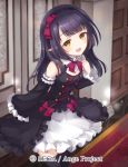  ange_vierge black_hair black_legwear blush bow brown_eyes detached_sleeves door flat_chest hair_bow hairband hand_up indoors long_hair looking_at_viewer macaron_marinere official_art pointy_ears red_bow red_carpet shamonor solo standing thighhighs watermark 
