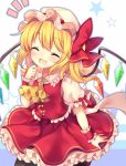  :d ^_^ absurdres ascot black_legwear blonde_hair blush bow closed_eyes commentary_request crystal eyebrows_visible_through_hair fang flandre_scarlet frilled_shirt_collar frills hair_between_eyes hand_up hat hat_bow head_tilt highres mob_cap open_mouth petticoat puffy_short_sleeves puffy_sleeves red_bow red_eyes red_footwear red_skirt red_vest ruhika shadow shoes short_hair short_sleeves side_ponytail simple_background skirt smile solo star touhou vest white_background white_hat wings wrist_cuffs yellow_neckwear 