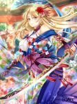  blonde_hair commentary_request day fingerless_gloves floral_print flower gloves green_eyes hair_flower hair_ornament hair_stick holding holding_sword holding_weapon japanese_clothes kanasuke long_hair looking_at_viewer mochizuki_kyouko official_art outdoors sengoku_kishin_valkyrie sheath smile solo standing sunlight sword tassel torii watermark weapon 