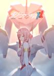  absurdres aqua_eyes armlet backlighting bangs blunt_bangs blurry blurry_background bodysuit breasts closed_mouth copyright_name cowboy_shot darling_in_the_franxx depth_of_field from_side hairband highres horns long_hair looking_at_viewer looking_to_the_side maredoro mecha medium_breasts outstretched_arm pilot_suit pink_hair reaching skin_tight small_breasts solo standing tsurime very_long_hair white_bodysuit white_hairband zero_two_(darling_in_the_franxx) 