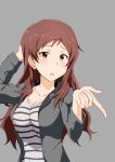  absurdres arm_behind_head bad_id bad_pixiv_id blush breasts brown_hair cleavage grey_background highres idolmaster idolmaster_million_live! j.roswel kitazawa_shiho large_breasts long_hair long_sleeves looking_at_viewer open_mouth shirt simple_background solo striped striped_shirt 