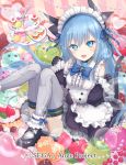  :d ange_vierge animal_ears black_footwear blue_bow blue_eyes blue_hair bow candy cat_ears cat_tail chocolate_bar dessert food fruit gloves grey_legwear hands_up ice_cream long_hair looking_at_viewer macaron maid official_art omega_47_toto open_mouth plate shamonor smile solo strawberry striped striped_background sweets tail thighhighs watermark 