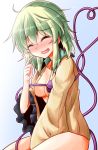  :d ^_^ ahoge blush bottomless breasts closed_eyes eyeball green_hair heart heart_of_string highres komeiji_koishi medium_breasts open_clothes open_mouth open_shirt oshiaki short_hair smile solo third_eye touhou 