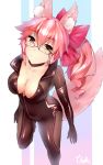  animal_ears bow breasts choker cleavage collarbone commentary_request eyebrows_visible_through_hair fate/grand_order fate_(series) fox_ears fox_tail glasses hair_bow large_breasts long_hair looking_at_viewer mochigome_(fatelly) pink_hair skin_tight solo tail tamamo_(assassin)_(fate) tamamo_(fate)_(all) very_long_hair yellow_eyes 