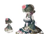  aki_no_jikan arms_at_sides breasts brown_hair detached_sleeves dress flower frilled_dress frills green_eyes hair_over_one_eye hat hat_flower high_ponytail looking_at_viewer maru-kichi medium_breasts medium_hair multiple_views official_art spider_web_print standing watermark 