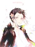  akutagawa_ryuunosuke_(bungou_stray_dogs) black_coat black_hair bungou_stray_dogs collarbone commentary_request flower gradient_hair happy_birthday haro18 high_collar highres multicolored_hair parted_lips pink_eyes pink_flower pink_petals shirt tears white_background white_hair white_shirt 