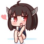  :d ahoge bangs bare_arms bare_legs bare_shoulders barefoot black_swimsuit blunt_bangs blush brown_hair chibi commentary_request competition_school_swimsuit eyebrows_visible_through_hair full_body hana_kazari headgear heart long_hair looking_at_viewer one-piece_swimsuit open_mouth red_eyes sitting smile solo swimsuit touhoku_kiritan voiceroid white_background 