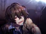 blood blood_on_face bloody_clothes brown_eyes brown_hair bungou_stray_dogs commentary_request dazai_osamu_(bungou_stray_dogs) gem hair_between_eyes haro18 male_focus open_mouth shiny shiny_hair solo upper_body 