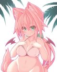  animal_ears blush breasts cleavage commentary_request green_eyes hair_intakes hands_on_own_chest large_breasts long_hair navel original pink_hair ponytail rikumaru solo souffle_gamberetto tail underwear very_long_hair 