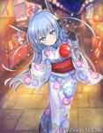  ange_vierge animal_ears black_gloves blue_eyes blue_hair blurry blurry_background character_request festival floral_print gloves japanese_clothes kimono lantern night night_sky official_art omega_47_toto outdoors paper_lantern path road shamonor sky smile solo stall standing wide_sleeves 