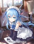  ange_vierge animal_ears bare_shoulders black_gloves blue_bow blue_eyes blue_hair bow bucket bucket_of_water cat_ears chair curtains day detached_sleeves gloves indoors kneeling long_hair looking_at_viewer maid official_art omega_47_toto shamonor smile solo tail watermark window wooden_floor 