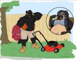  2017 beard bedroom_eyes belly biceps big_belly big_breasts big_muscles bikini bikini_top black_fur black_nose boots breasts clothed clothing countershading duly_noted eyes_closed eyewear facial_hair female fence footwear fur glasses grass grey_hair hair half-closed_eyes hand_behind_head holding_object lawn_mower leaves male mammal married_couple musclegut muscular mustelid navel open_mouth orange_eyes orange_fur overweight pecs raised_eyebrow reclining ring robert_hayes rosanne_hayes seductive sheer_clothing shirt shorts sideburns sidewalk signature sky slightly_chubby sunglasses sweat swimsuit topless translucent transparent_clothing tree undressing watch wedding_band wolverine yard 