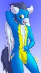  2018 animal_genitalia animal_penis anthro balls blue_fur blue_hair blush bodysuit bulge clothed clothing equine equine_penis erection erection_under_clothes friendship_is_magic fur green_eyes hair hi_res male mammal muscular my_little_pony open_mouth pegasus penis penis_outline punk-pegasus simple_background skinsuit soarin_(mlp) solo tight_clothing undressing wings wonderbolts_(mlp) 