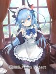  ange_vierge animal_ears black_gloves blue_bow blue_eyes blue_hair bow cat_ears cat_tail chair cup curtains day gloves hands_up indoors long_hair looking_at_viewer maid official_art omega_47_toto saucer shamonor smile solo standing tail teacup teapot very_long_hair watermark white_legwear window 