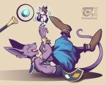  2018 anthro beerus black_nose cat claws clothing cute dragon_ball dragon_ball_super eyes_closed feline footwear lying mammal on_back pants plushie purple_skin shoes smile solo sphynx staff the_secret_cave 