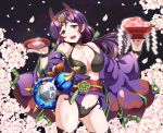  :d black_legwear black_panties breasts cherry_blossoms cleavage collarbone contrapposto cosplay cowboy_shot cup fang fate/grand_order fate_(series) floating_hair flower green_eyes green_ribbon hair_between_eyes hair_ribbon head_tilt holding horns japanese_clothes jewelry kimono large_breasts long_hair love_live! love_live!_school_idol_project obi open_clothes open_kimono open_mouth panties pink_flower pointy_ears poruporu purple_hair purple_kimono ribbon ring sakazuki sash shiny shiny_skin shuten_douji_(fate/grand_order) shuten_douji_(fate/grand_order)_(cosplay) sky smile solo standing star_(sky) starry_sky thighhighs toujou_nozomi twintails underwear 