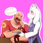  anthro blush boss_monster caprine clothed clothing crossover duo eating english_text female food fur goat happy heavy_(team_fortress_2) hi_res holding_food holding_object horn human long_ears male mammal open_mouth pie pink_background robe simple_background smile team_fortress_2 text toriel trandafilov undertale valve video_games white_fur 