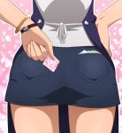  apron ass ass_focus blue_skirt bracelet close-up condom condom_wrapper denim denim_skirt eeshin_(eishin5584) gundam gundam_build_divers jewelry miniskirt nanase_nanami_(gundam_build_divers) out_of_frame pencil_skirt skirt solo sweat 