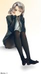  :/ black_jacket black_legwear blush casual closed_mouth feet full_body gradient gradient_background green_eyes hair_ribbon hands_on_own_cheeks hands_on_own_face harukana_(harukana_10) highres invisible_chair jacket kantai_collection long_hair long_sleeves looking_at_viewer no_shoes nowaki_(kantai_collection) open_clothes open_jacket pantyhose ribbon shiny shiny_hair shirt short_shorts shorts silver_hair single_sidelock sitting soles solo twitter_username v-shaped_eyebrows white_shirt yellow_background 
