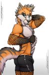  bangs black_nose blue_eyes boxers_(clothing) bulge canine chest_tuft claws clothing fishnet fluffy fox fur gloves legwear long_tail looking_at_viewer male mammal nipples orange_fur rubber saerro solo spandex speedo stockings swimsuit tight_clothing tsaiwolf tuft underwear white_fur 