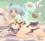  animal animal_ears ass bangs bare_arms bare_legs barefoot basket bed bed_sheet breasts capelet diamond_(shape) dress electricity eyebrows eyebrows_visible_through_hair flying_sweatdrops grey_dress grey_hair jewelry large_breasts lying mouse mouse_ears mouse_tail nazrin no_bra no_panties on_bed on_stomach pendant pillow red_eyes short_hair solo tail tail_raised teeth torn_clothes torn_dress touhou tsuutenkaaku white_capelet 
