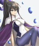  bangs bare_arms black_hair blue_legwear breasts bubble cape covered_navel elfenlied22 eyebrows_visible_through_hair green_eyes hair_between_eyes high_ponytail highres houshin_engi knees_together_feet_apart large_breasts leaning_back leotard long_hair pantyhose ponytail purple_cape ryuukitsu_koushu sidelocks simple_background solo tight very_long_hair 