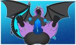  anthro areola balls big_balls big_breasts big_penis blue_eyes blue_nipples blush breasts clothing dickgirl dragon erection gradient_background hood horn huge_balls huge_penis intersex legs_up membranous_wings nipples pants penis scalie simple_background sitting solo tehbuttercookie tongue tongue_out wings 