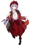  1girl absurdres alternate_costume bag belt boots brown_coat brown_footwear casual coat commentary_request fate/grand_order fate_(series) hair_between_eyes handbag highres holding_handbag horns horns_through_headwear leg_up long_hair long_skirt looking_at_viewer low-tied_long_hair mitsudomoe_(shape) oni_horns open_clothes open_coat orihiro0614 red_eyes red_skirt shirt shopping_bag silver_hair simple_background skirt smile solo tomoe_(symbol) tomoe_gozen_(fate/grand_order) very_long_hair white_background white_shirt 