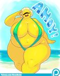  :d areola belly big_belly big_breasts bikini breasts clothed clothing cyclops dialogue dieselbrain english_text eyes_closed female hi_res huge_breasts humanoid navel not_furry obese open_mouth overweight overweight_female patreon simple_background skimpy sling_bikini solo sucy swimsuit teeth text thick_thighs tongue url wide_hips yellow_skin 