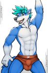  bangs black_nose blue_fur bulge canine clothing ear_tuft fangs fluffy fur green_eyes green_hair hair istricer looking_at_viewer male mammal open_maw smile solo spandex speedo swimsuit teeth tight_clothing tsaiwolf tuft white_fur wolf 