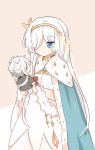  anastasia_(fate/grand_order) bangs blue_eyes cape character_doll doll dress eyebrows_visible_through_hair fate/grand_order fate_(series) hair_over_one_eye hairband holding jewelry kadoc_zemlupus long_hair rabi_(swordofthestone) ribbon royal_robe silver_hair smile solo very_long_hair 