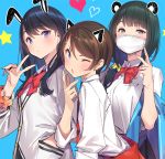  3girls black_hair blue_background blue_eyes blush bow bowtie brown_hair commentary_request face_filter hand_in_pocket hassu long_hair looking_at_viewer multiple_girls namiko one_eye_closed pop_kyun red_bow school_uniform scrunchie short_hair simple_background ssss.gridman surgical_mask takarada_rikka upper_body v wrist_scrunchie 