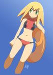  bangs bare_arms bare_legs bare_shoulders blonde_hair blue_background blush breasts eyebrows_visible_through_hair green_eyes innertube legs_apart looking_to_the_side midriff muu_(mumumer) navel rockman rockman_dash roll_caskett simple_background small_breasts solo standing 