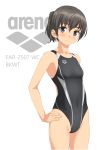  absurdres arena_(company) black_eyes black_hair black_swimsuit commentary_request competition_swimsuit hands_on_hips highres logo looking_at_viewer one-piece_swimsuit original ponytail short_hair short_ponytail simple_background smile solo swimsuit takafumi white_background 