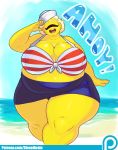  :d belly big_belly big_breasts bikini blonde_hair breasts clothing cyclops dieselbrain eyes_closed female hair hat hi_res huge_breasts humanoid not_furry obese open_mouth overweight overweight_female short_hair solo sucy swimsuit teeth thick_thighs wide_hips yellow_skin 