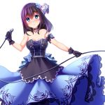  bare_shoulders black_gloves black_hair blue_eyes blush choker commentary_request dress flower gloves hair_flower hair_ornament hair_ribbon idolmaster idolmaster_cinderella_girls idolmaster_cinderella_girls_starlight_stage looking_at_viewer medium_hair microphone ribbon sagisawa_fumika sakurano_yukke smile solo strapless strapless_dress white_background 