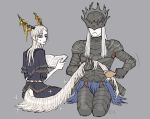  anthro armor blind book brush crown dark_souls dark_souls_3 duo emlan_(artist) grey_background hair horn humanoid jewelry low_res not_furry prince_lorian prince_lothric sibling simple_background video_games white_hair 