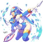  1girl android arched_back bent_over blue_eyes blush bodysuit boots breasts capcom cropped_legs dated gloves helmet iroyopon leviathan_(rockman) medium_breasts open_mouth polearm rockman rockman_zero signature smile solo spear thighhighs water weapon white_background white_gloves 
